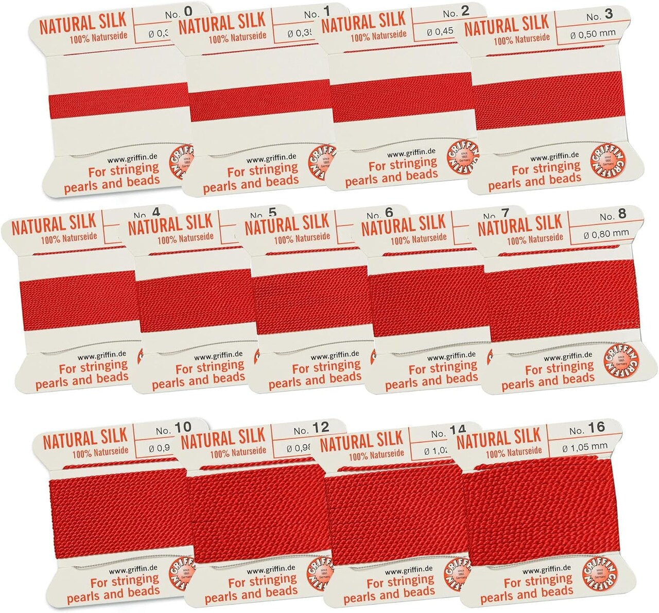 Griffin Silk Bead Cord Perlseide – Size Assortment 0-16 – 2 Meters per Card – Stainless Steel Needle Attached – for Knotting Pearls, Gemstones, Crystals and Beads